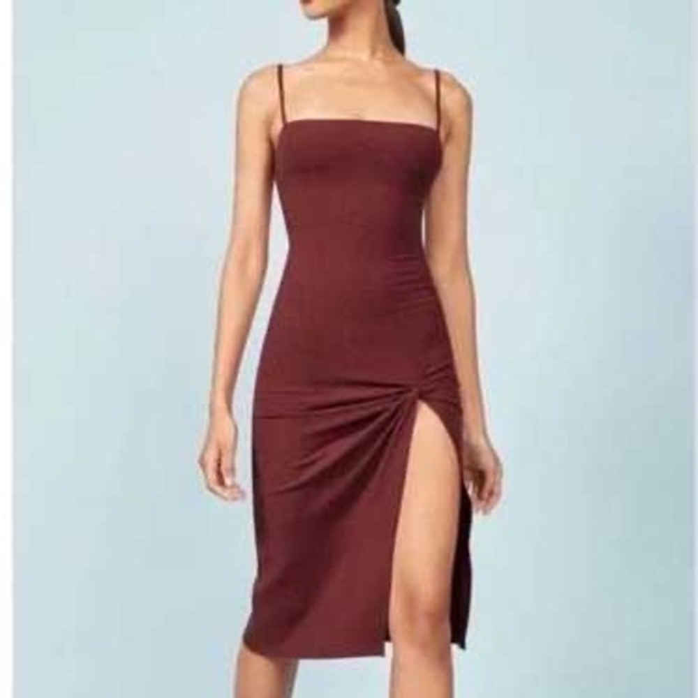 Reformation | Scala Dress XS Burgundy Plum Ribbed Knit Midi Side Slit Cocktail